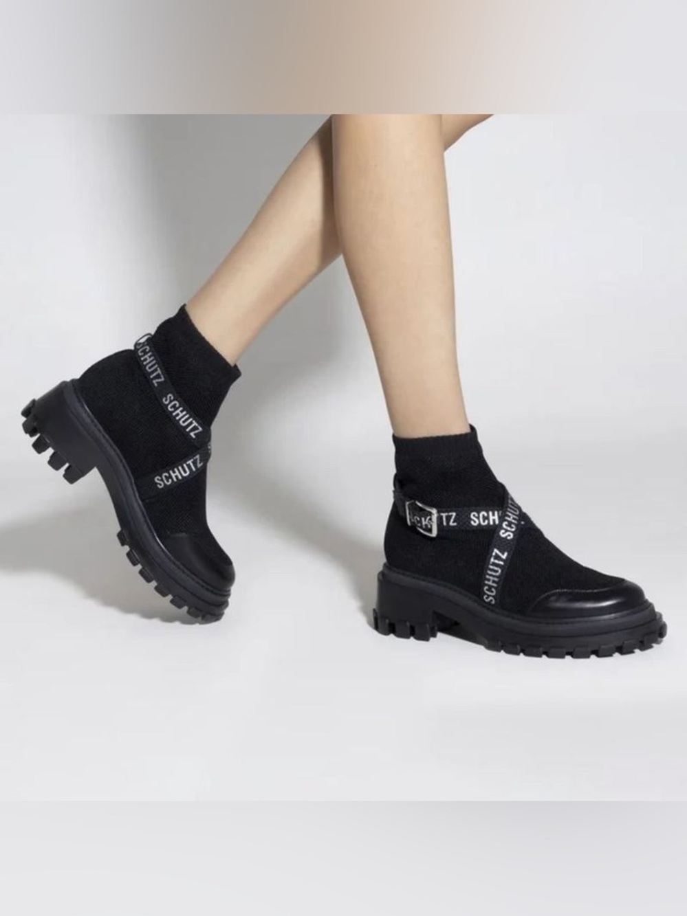 SCHUTZ  Orly Knit Black Sock Ankle Boots With Branded Straps